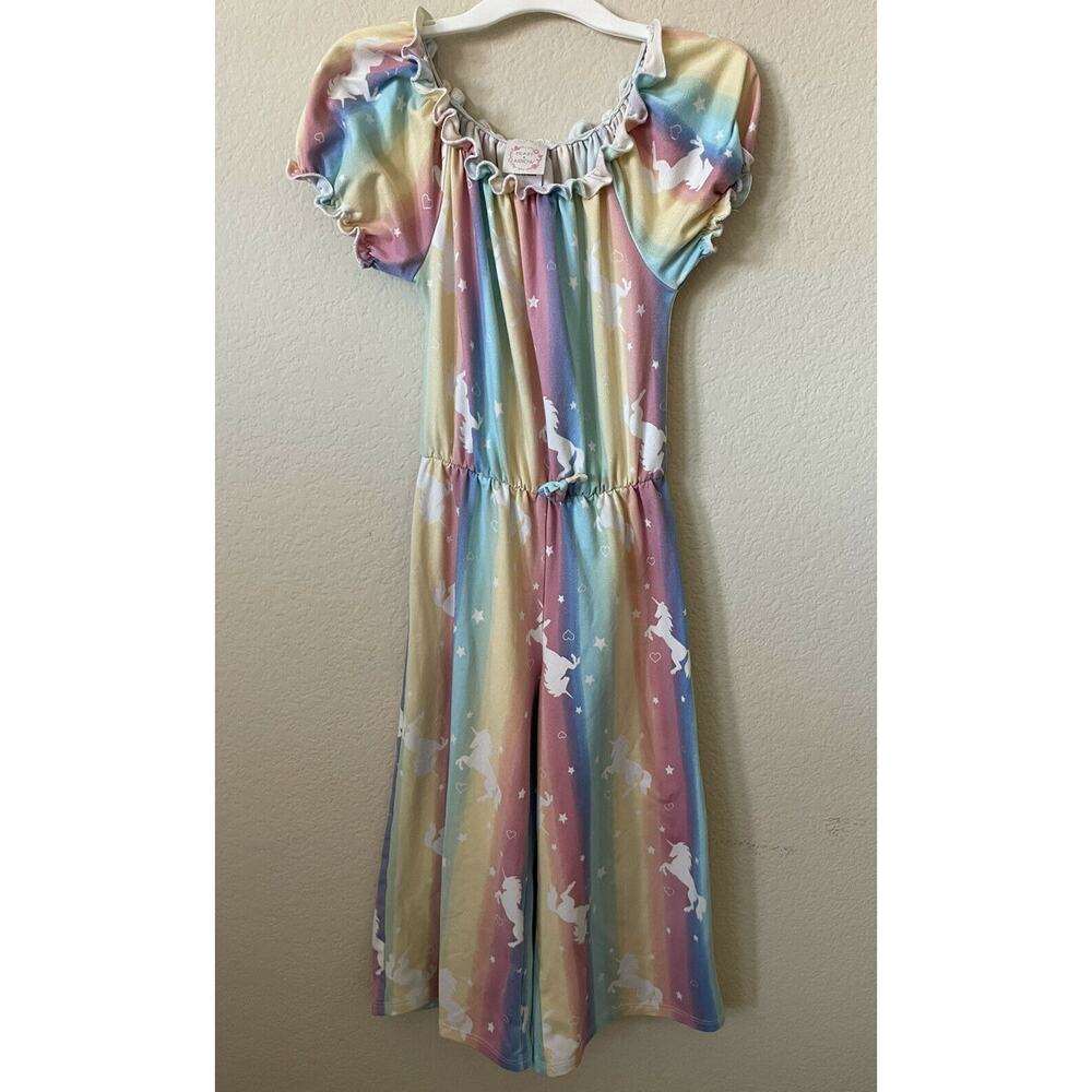 Heart & Arrows Unicorn Rainbow Stars Elastic Waist Wide Leg Jumpsuit Size 4